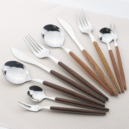 Wooden Handle Cutlery Set Stainless Steel Knife Fork Dinnerware Set Coffee Tea Spoon Kitchen Silverware Tableware Set