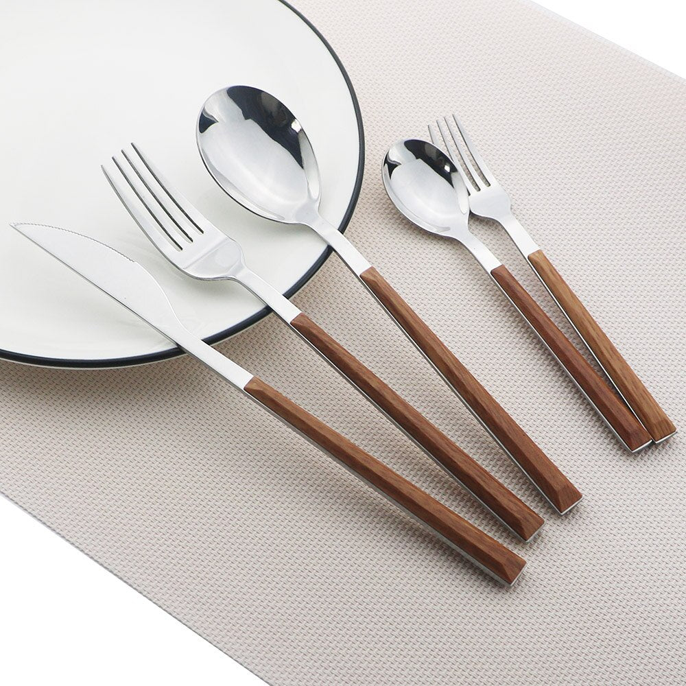 Wooden Handle Cutlery Set Stainless Steel Knife Fork Dinnerware Set Coffee Tea Spoon Kitchen Silverware Tableware Set