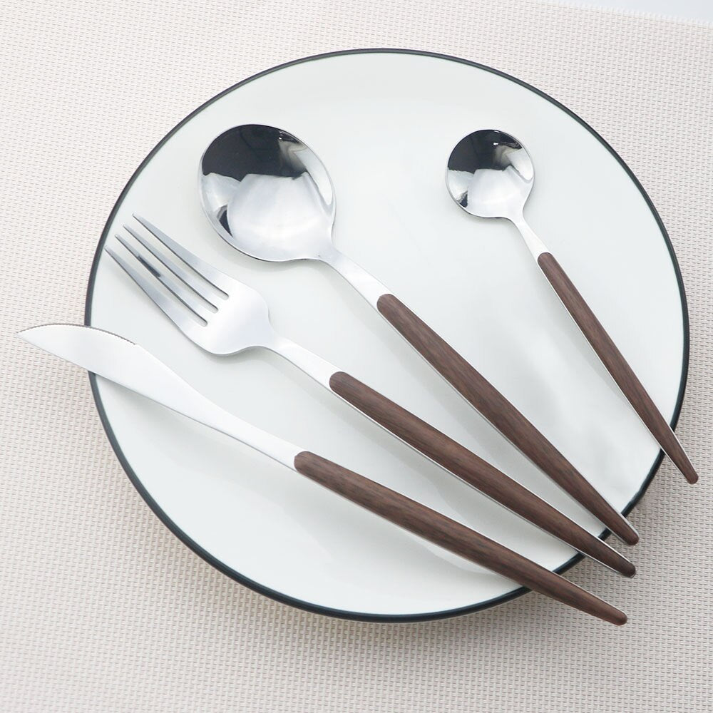 Wooden Handle Cutlery Set Stainless Steel Knife Fork Dinnerware Set Coffee Tea Spoon Kitchen Silverware Tableware Set