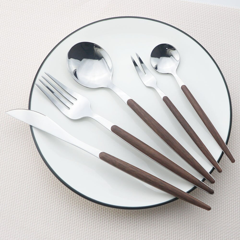 Wooden Handle Cutlery Set Stainless Steel Knife Fork Dinnerware Set Coffee Tea Spoon Kitchen Silverware Tableware Set