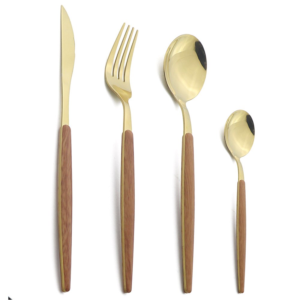 Wooden Handle Cutlery Set Stainless Steel Knife Fork Dinnerware Set Coffee Tea Spoon Kitchen Silverware Tableware Set