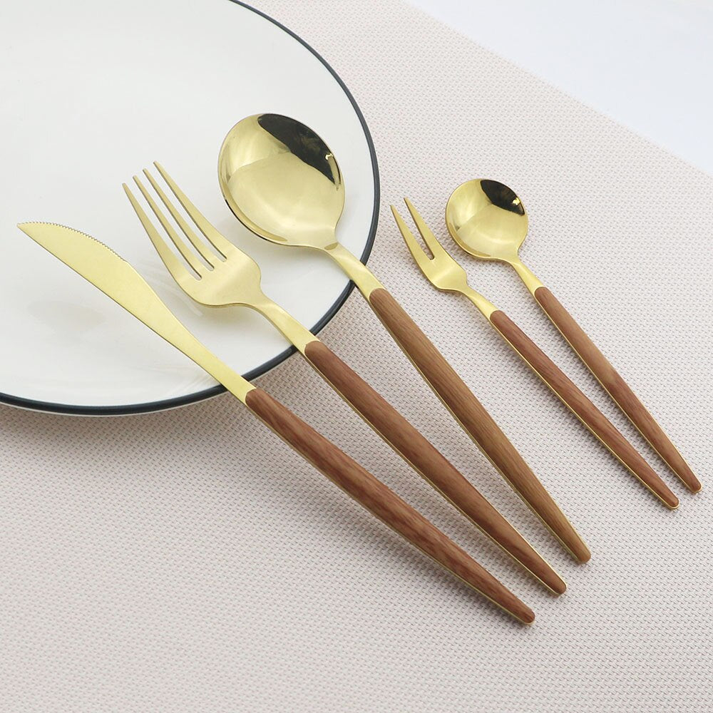 Wooden Handle Cutlery Set Stainless Steel Knife Fork Dinnerware Set Coffee Tea Spoon Kitchen Silverware Tableware Set