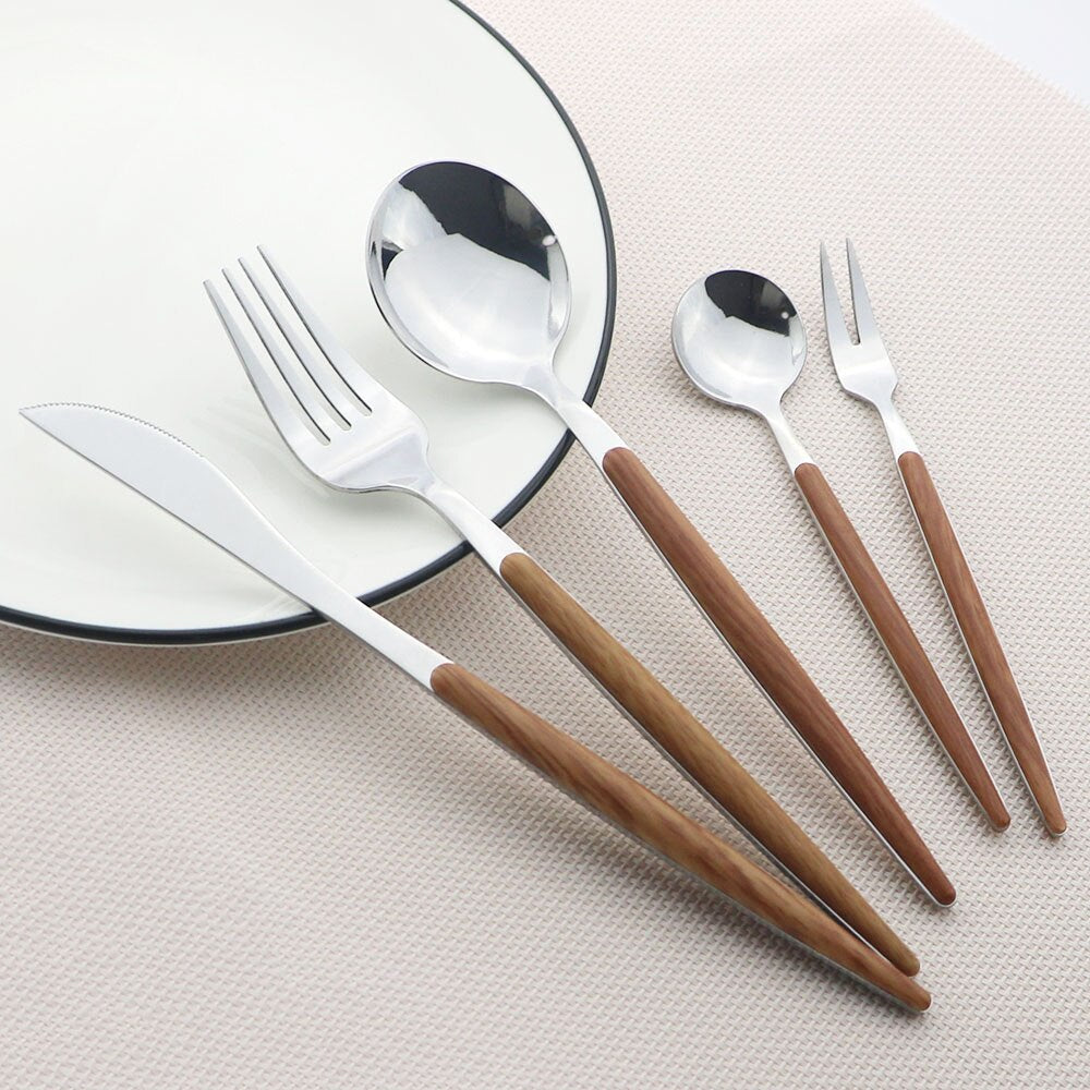 Wooden Handle Cutlery Set Stainless Steel Knife Fork Dinnerware Set Coffee Tea Spoon Kitchen Silverware Tableware Set