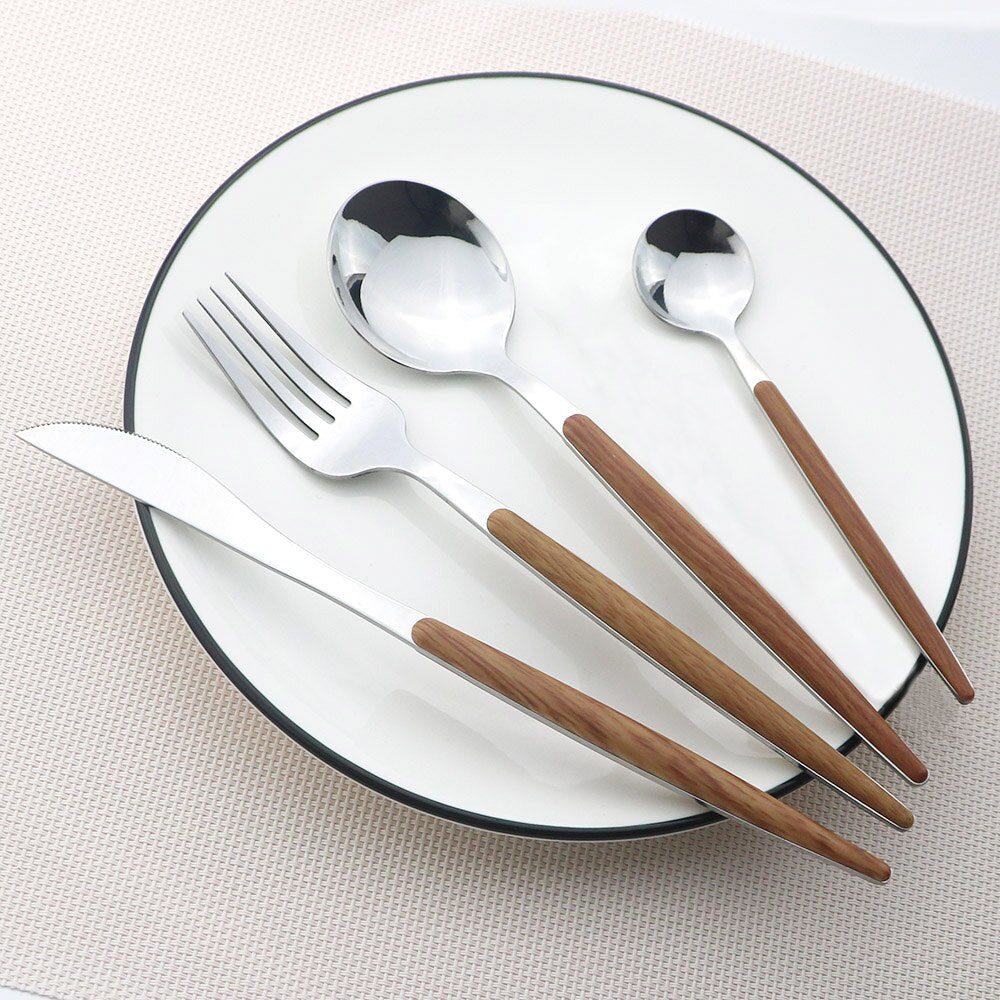 Wooden Handle Cutlery Set Stainless Steel Knife Fork Dinnerware Set Coffee Tea Spoon Kitchen Silverware Tableware Set