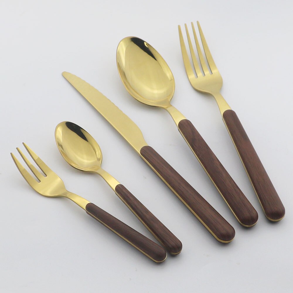 Wooden Handle Cutlery Set Stainless Steel Knife Fork Dinnerware Set Coffee Tea Spoon Kitchen Silverware Tableware Set