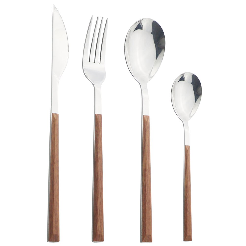 Wooden Handle Cutlery Set Stainless Steel Knife Fork Dinnerware Set Coffee Tea Spoon Kitchen Silverware Tableware Set