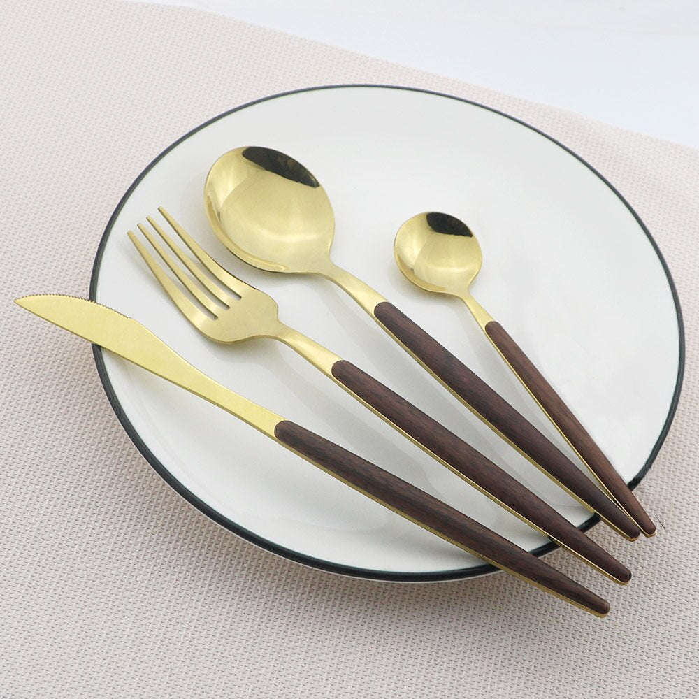 Wooden Handle Cutlery Set Stainless Steel Knife Fork Dinnerware Set Coffee Tea Spoon Kitchen Silverware Tableware Set