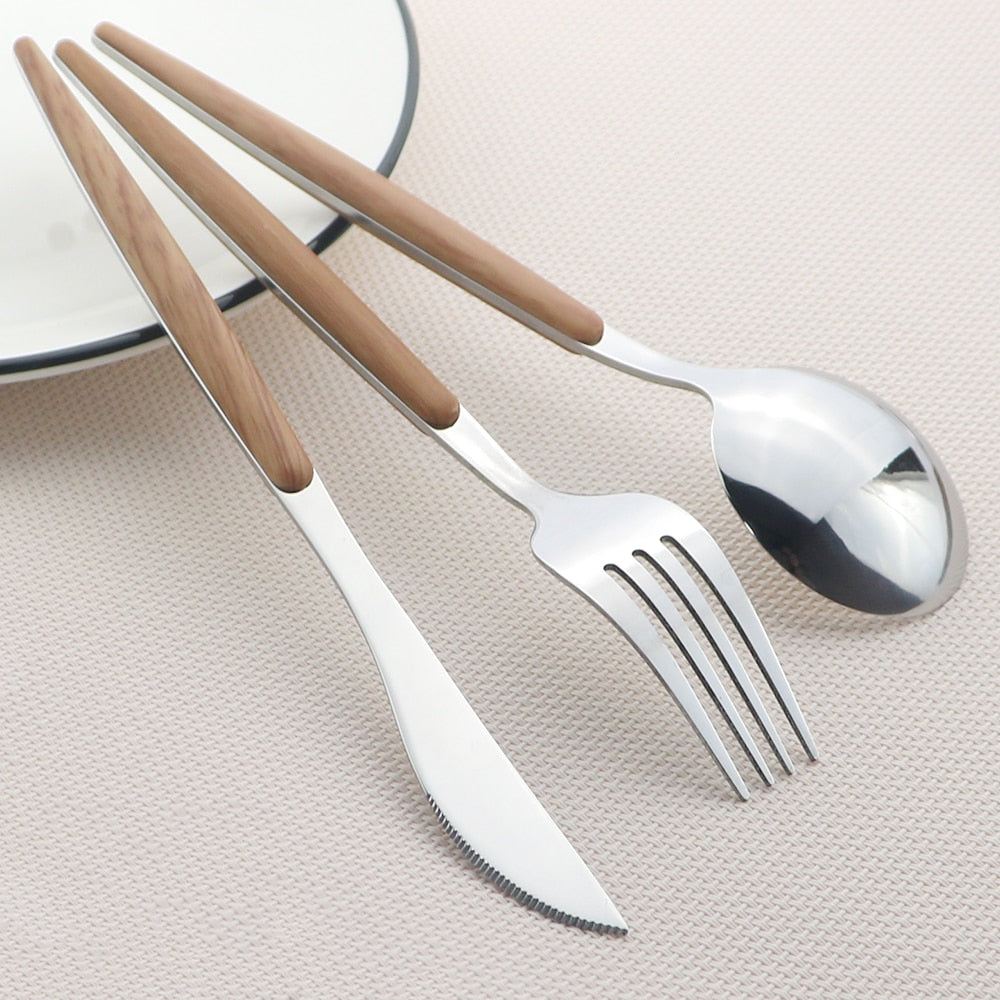 Wooden Handle Cutlery Set Stainless Steel Knife Fork Dinnerware Set Coffee Tea Spoon Kitchen Silverware Tableware Set