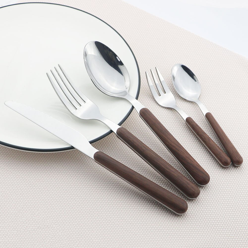 Wooden Handle Cutlery Set Stainless Steel Knife Fork Dinnerware Set Coffee Tea Spoon Kitchen Silverware Tableware Set