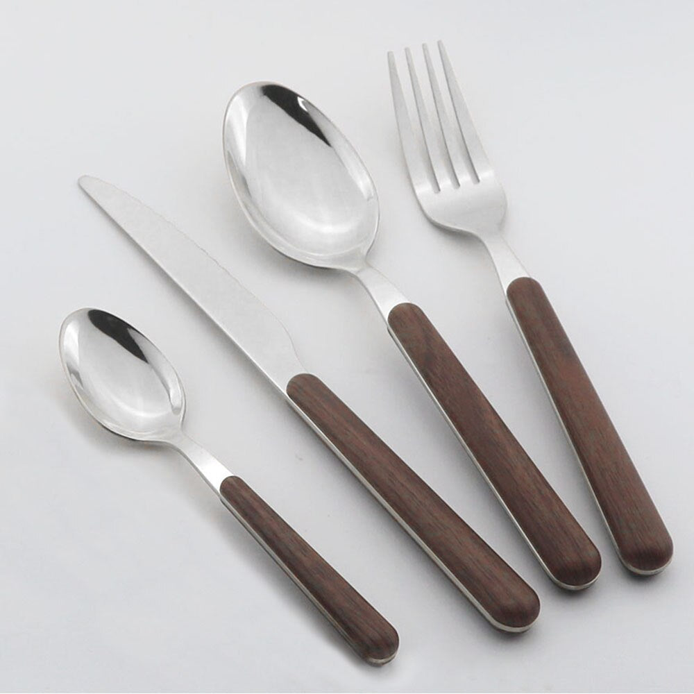 Wooden Handle Cutlery Set Stainless Steel Knife Fork Dinnerware Set Coffee Tea Spoon Kitchen Silverware Tableware Set