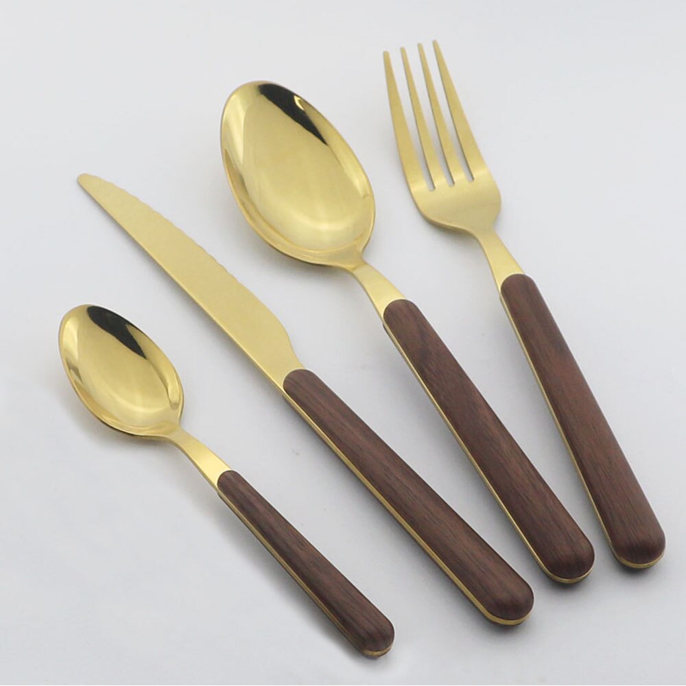 Wooden Handle Cutlery Set Stainless Steel Knife Fork Dinnerware Set Coffee Tea Spoon Kitchen Silverware Tableware Set