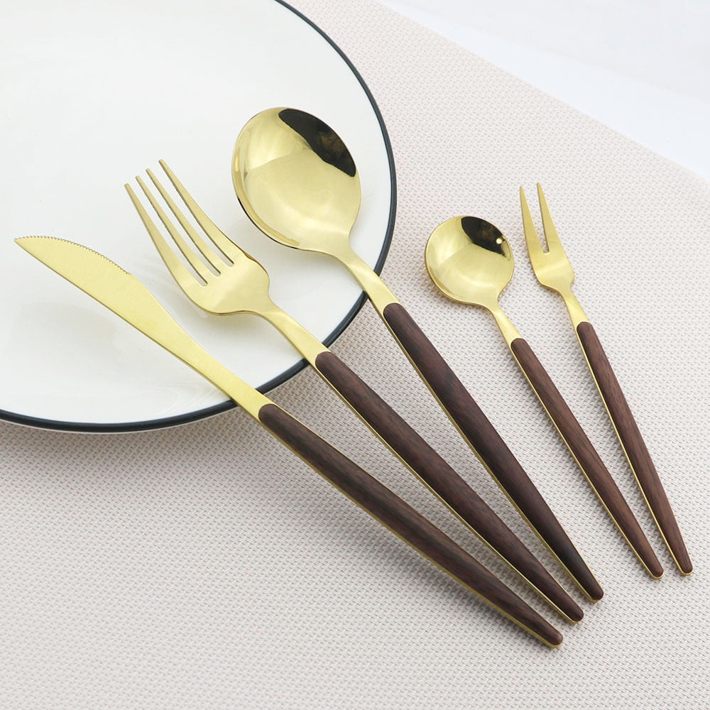 Wooden Handle Cutlery Set Stainless Steel Knife Fork Dinnerware Set Coffee Tea Spoon Kitchen Silverware Tableware Set